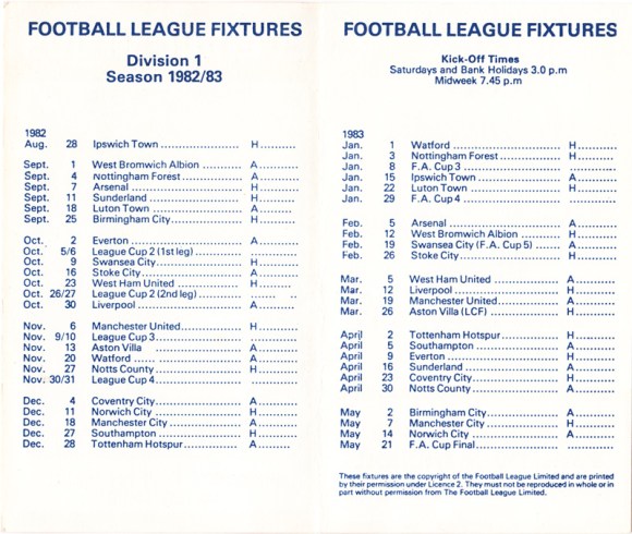 1982/83 Fixture Card 2
