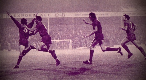 Peter Ward wheels away after scoring his second goal of the night against WBA.