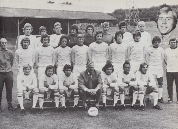 Dave Busby, in the front row of the 1974/75 team photo