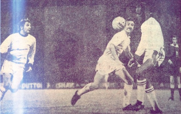 Busby gathers a pass near Reading's goal as team mate Ernie Machin rushes to support