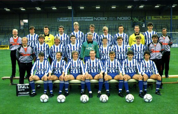Back row: Mark Leather (physio), Richard Tiltman, Trevor Wood, Gerry Armstrong, Grant Horscroft, Mike Trusson, Garry Nelson, Dale Jasper, John Keeley, Damian Webber, Ted Streeter (youth development officer); Middle row: Barry Lloyd (manager), Steve Gatting, Chris Hutchings, Robert Isaac, Perry Digweed, David Gipp, Ian Chapman, John Crumplin, Martin Hinshelwood (coach); Front row: Kevan Brown, Darren Hughes, Kevin Bremner, Doug Rougvie, Gary Rowell. Dean Wilkins, Steve Penney.