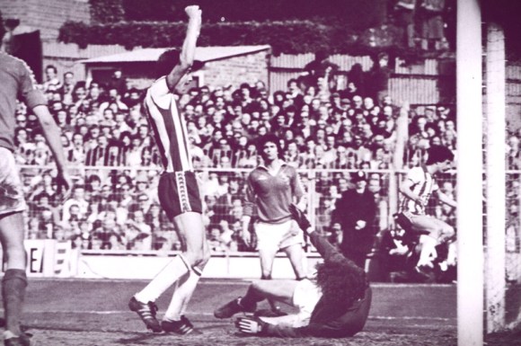 Poskett celebrates Shaw's own goal past Chalrton keeper (and future Albion boss) Jeff Wood