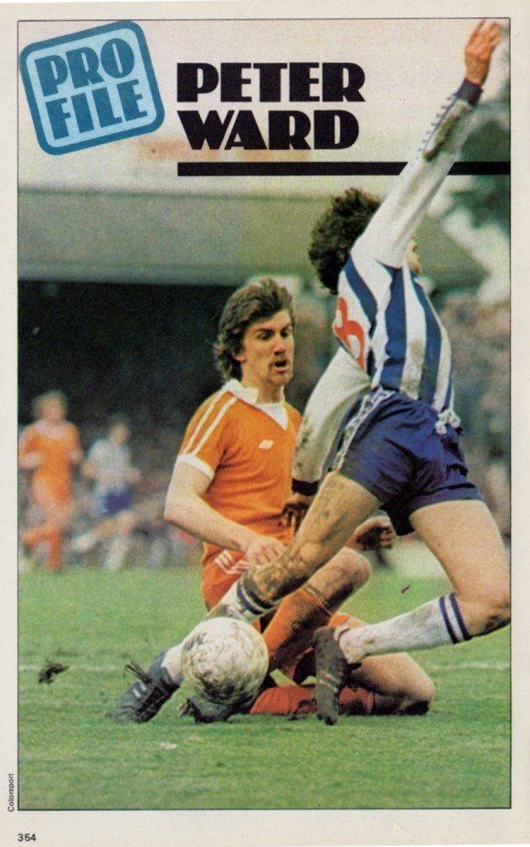 'I get clobbered every game," says Brighton' s star striker Peter Ward. And here's one time it was worth it. Ward wins a penalty from Blackpool last season.